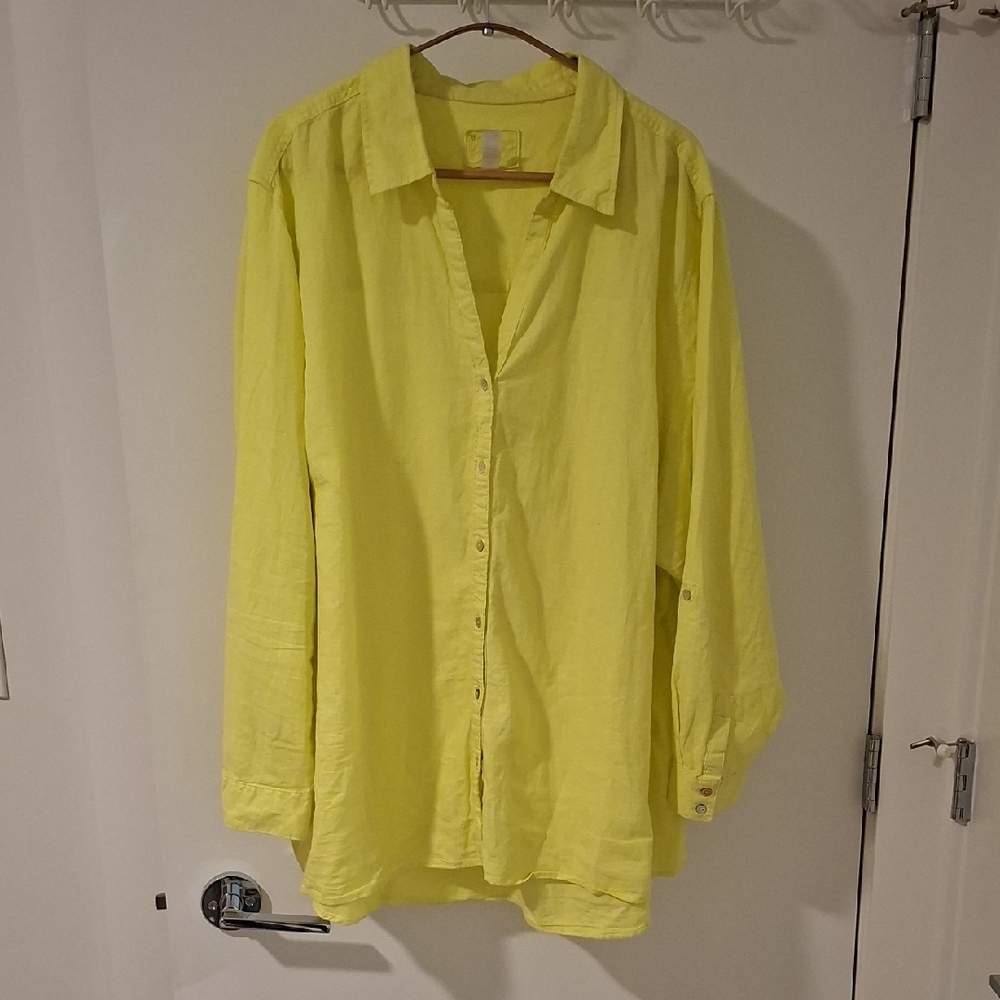 Sigrid Olsen Women's Vibrant Yellow Linen Oversized Button-Down Shirt (Size 3XL)